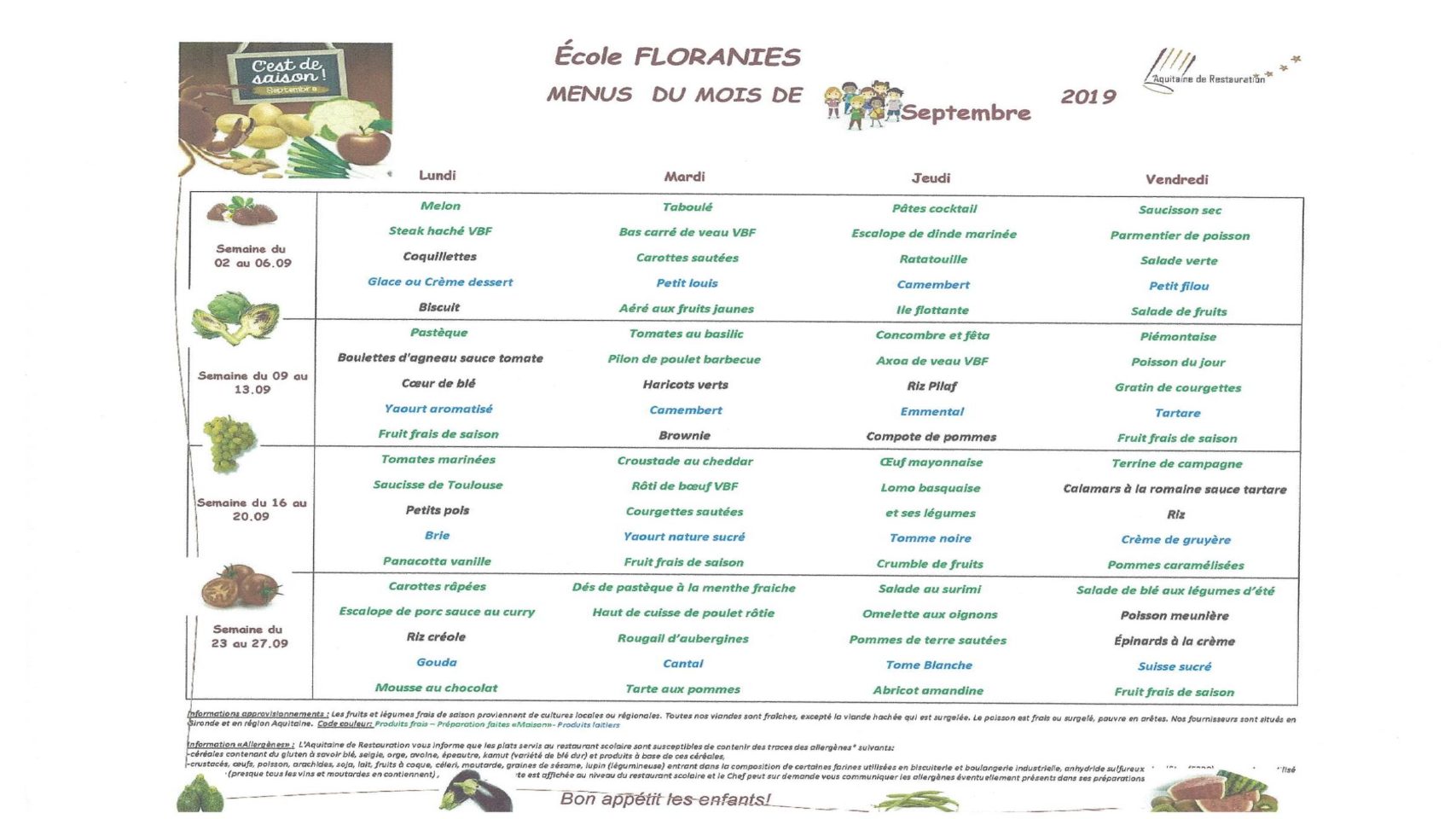 Menu traiteur du mois de septembre 2019